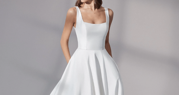 Square neckline wedding dress with structured bodice and full skirt