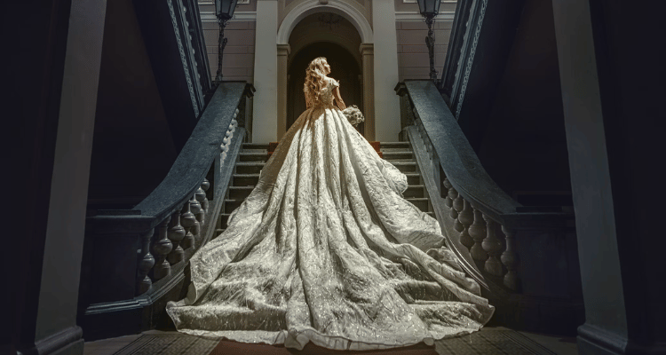 Bride in a dramatic ball gown with an extra-long royal train cascading down a grand staircase.