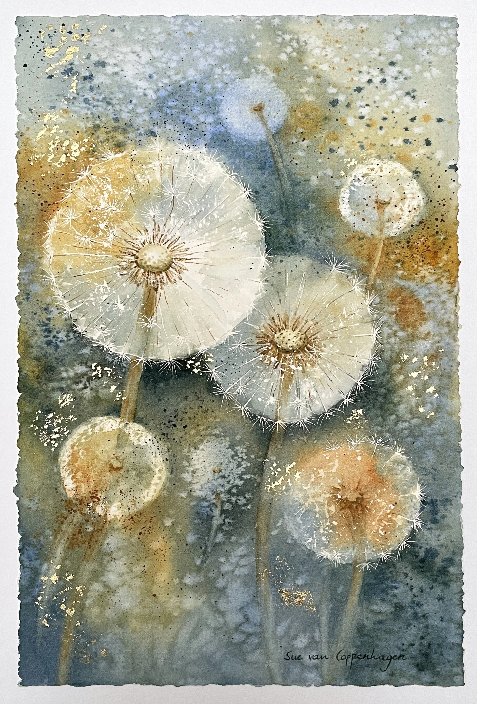 Watercolour painting, embellished with gold leaf,  in blues and golds of seven dandelion seed heads