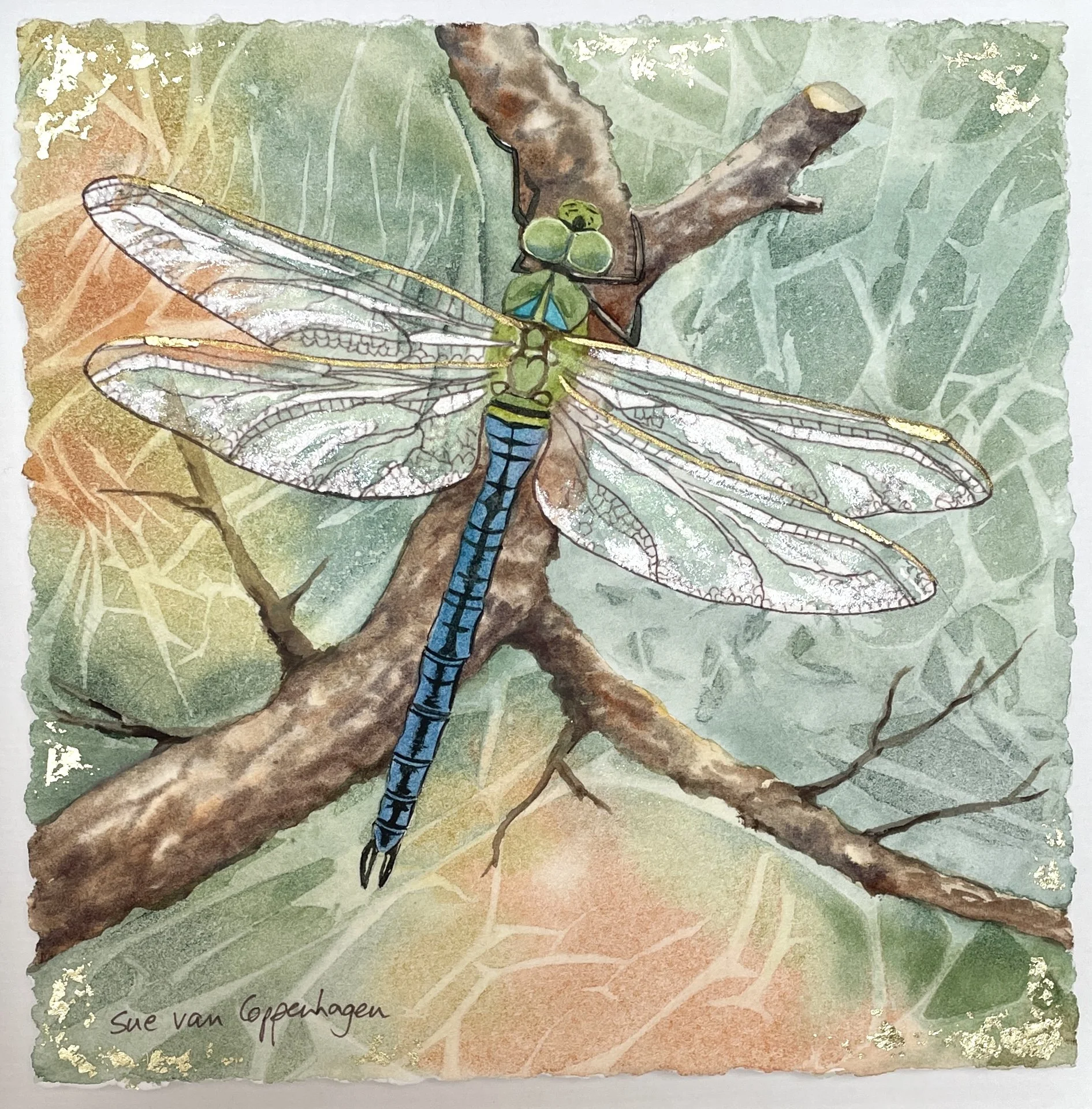 Painting of a dragonfly with shimmering wings perched on a branch against a background of soft greens and coppery tones with touches of gold leaf
