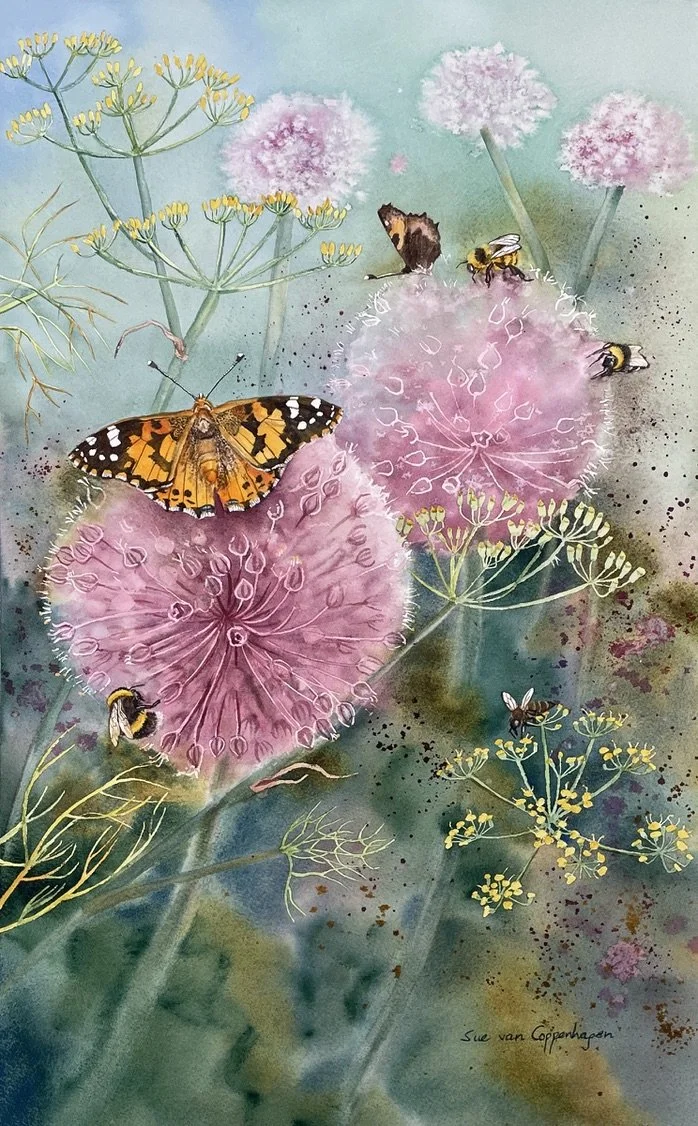 Painting of round pink leek flowers and yellow fennel flowers with a painted lady butterfly and some bees on a loose green background