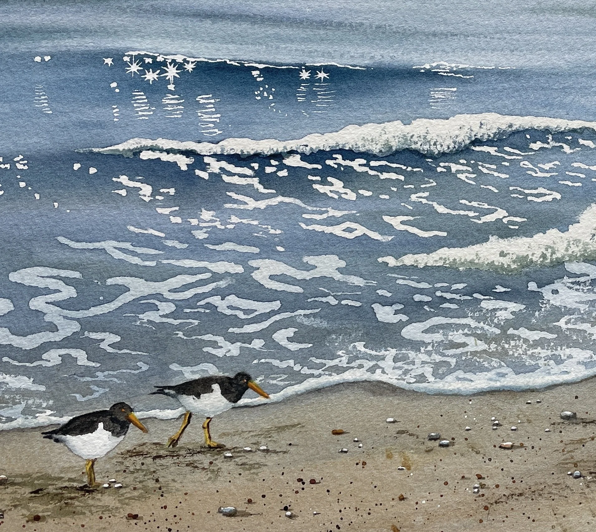 Detail of waves and oystercatcher birds in a watercolour painting