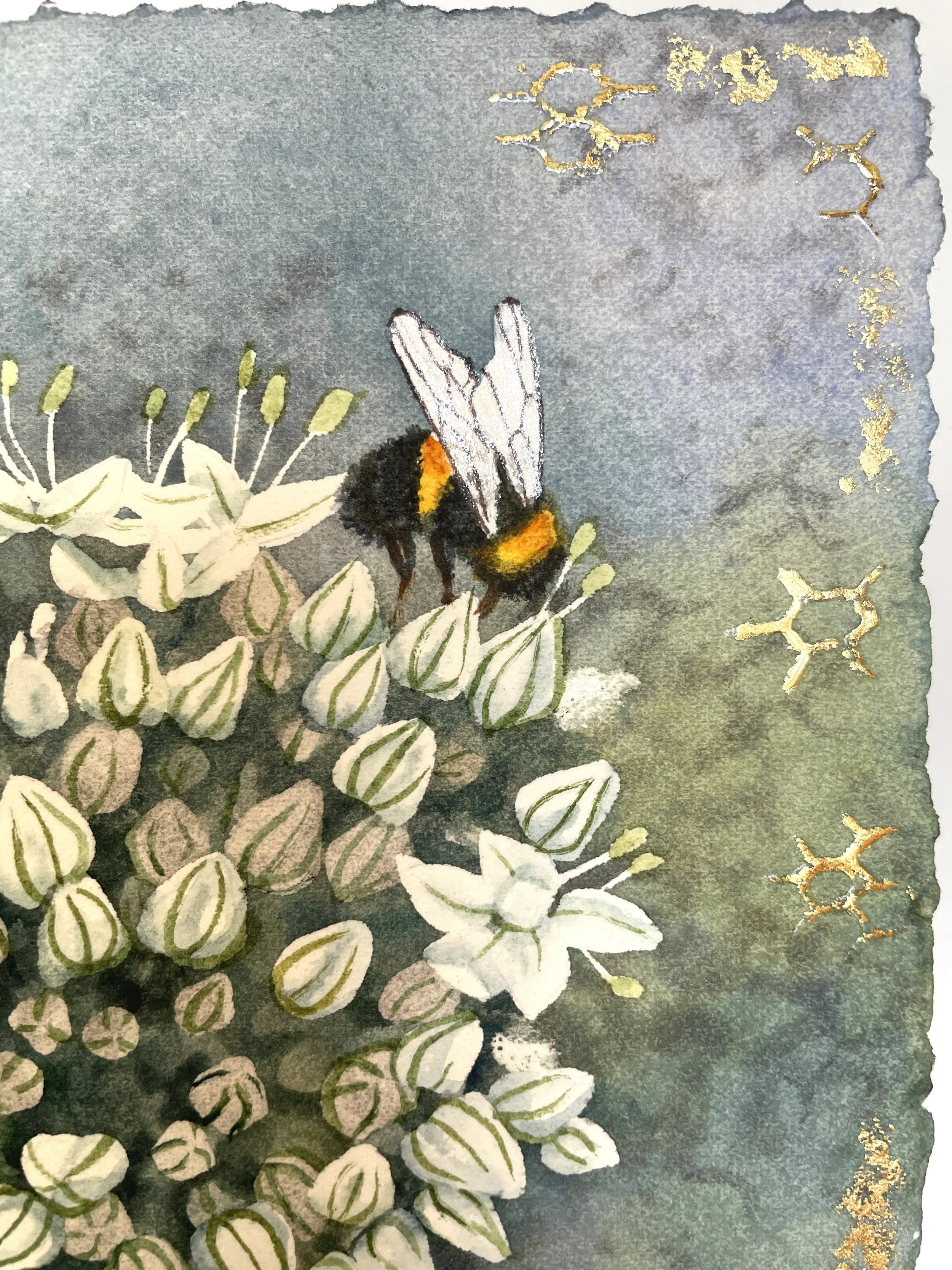 Detail of a painting showing a bee on a white allium flower, and honeycomb patterns in gold leaf