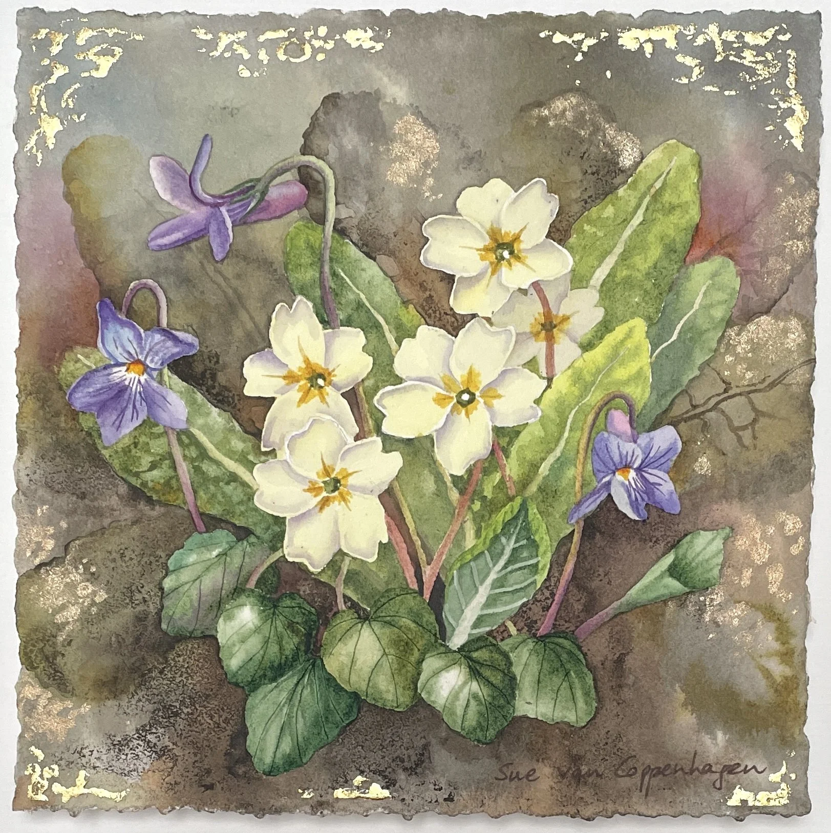 Painting of primrose and violet flowers and leaves, edged with touches of gold leaf