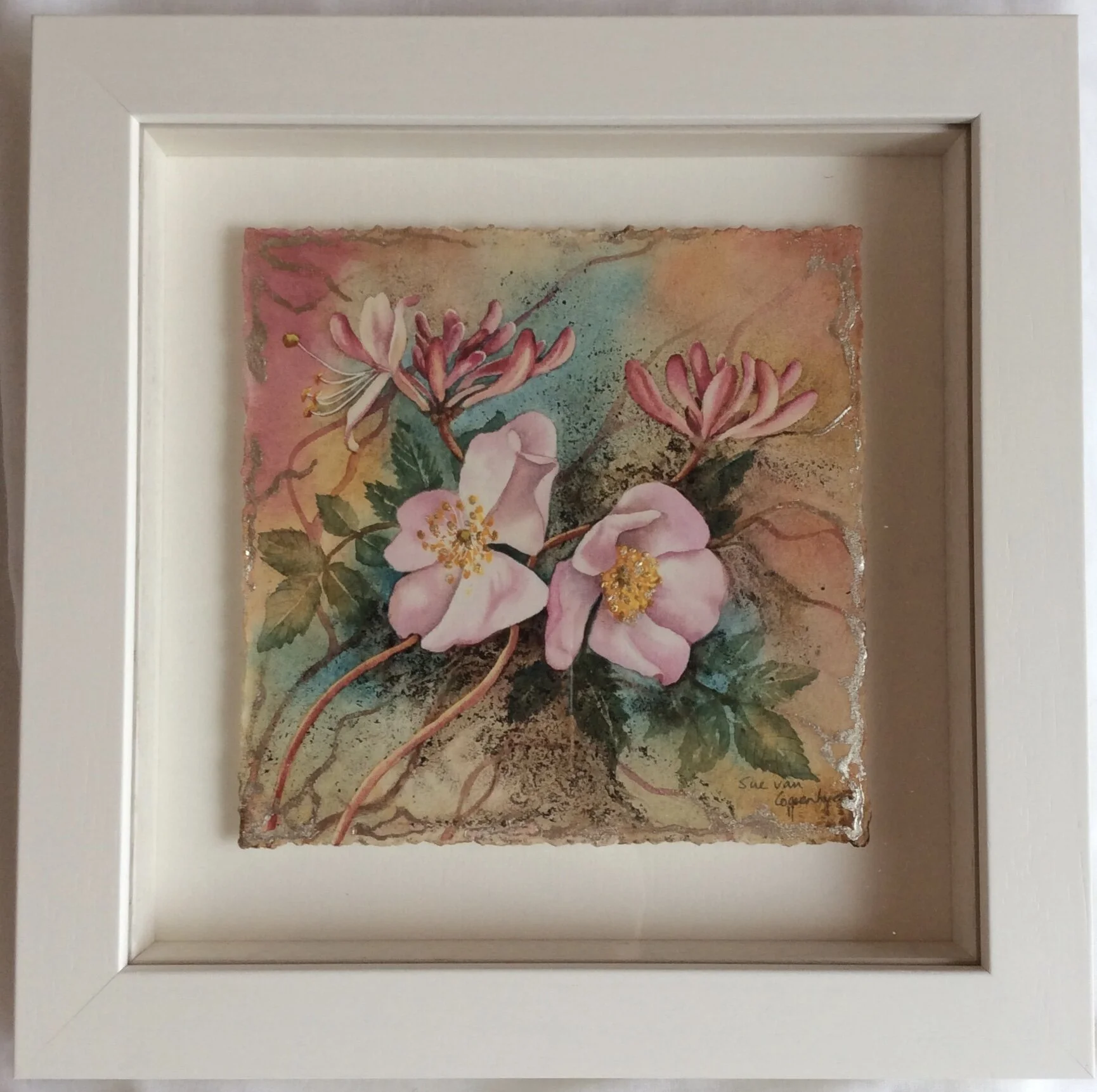 Dog roses and honeysuckle painting framed