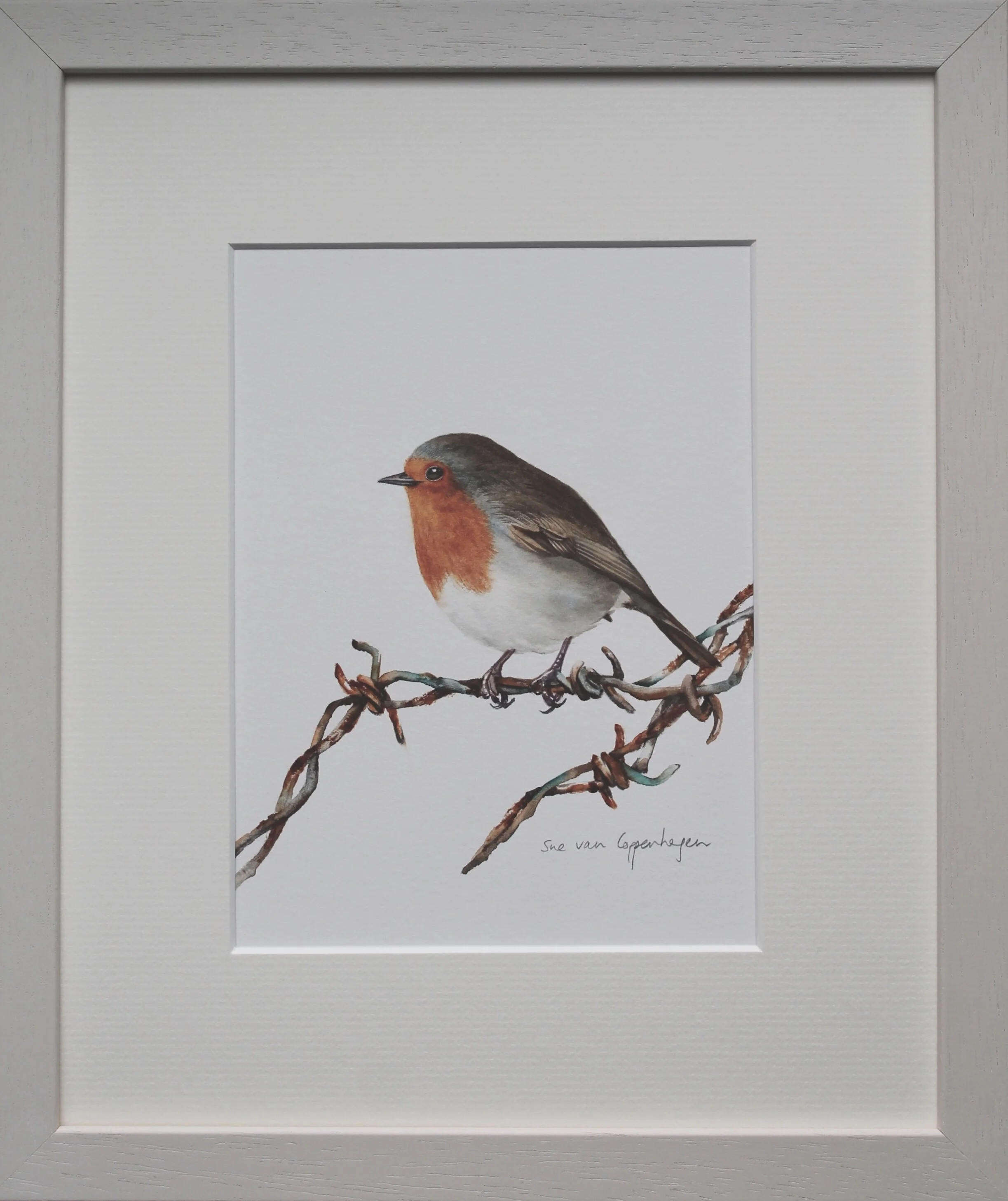 Watercolour painting of a European robin bird in a limed wooden frame