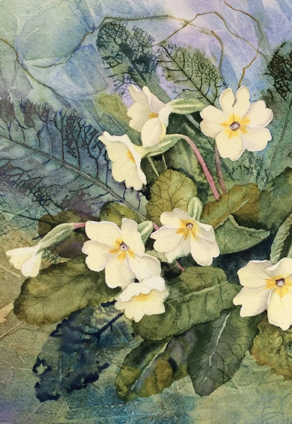 Detail of watercolour painting of a cluster of yellow primrose flowers among textured leaves on a blue and purple background