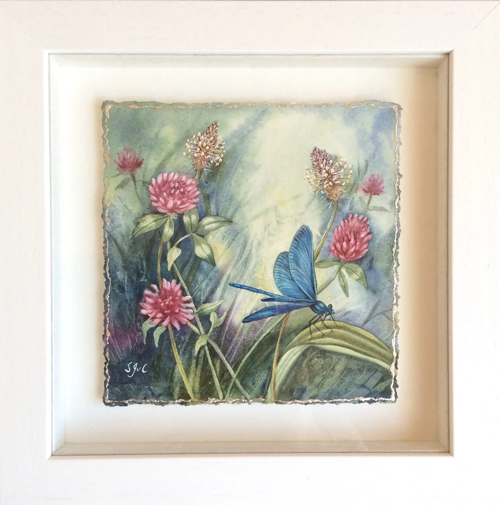 Damselfly clover gold leaf painting framed
