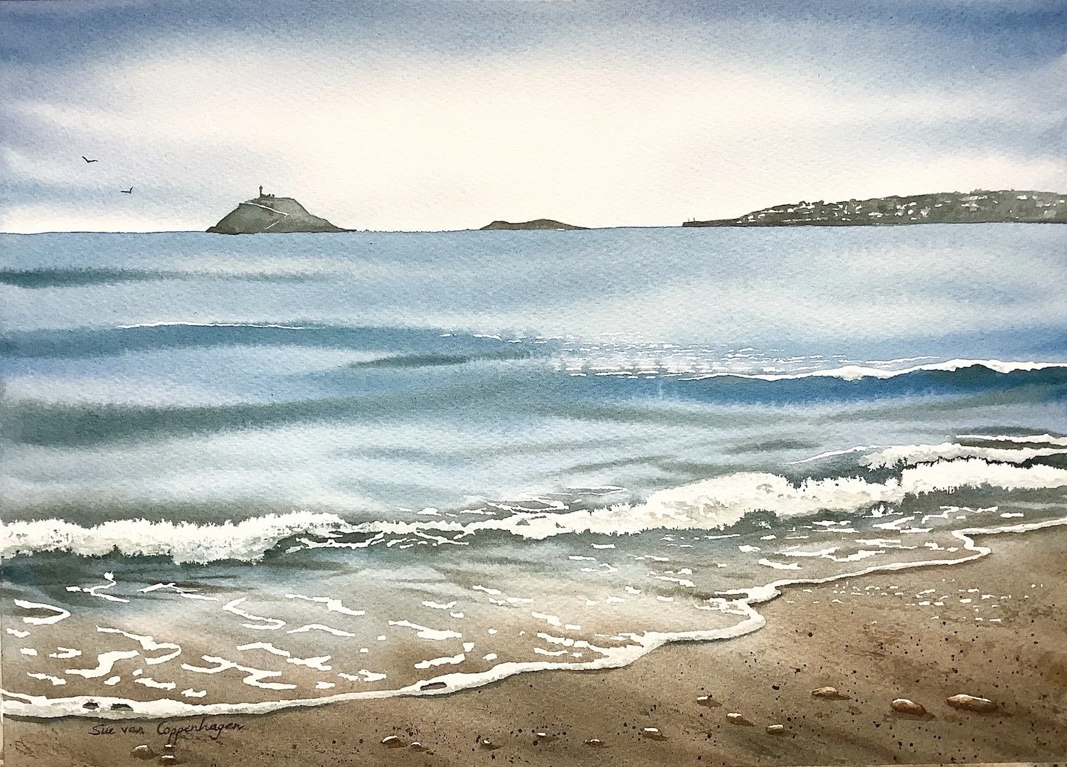 East Cork seascape featuring Ballycotton islands and village on the horizon in a watercolour painting