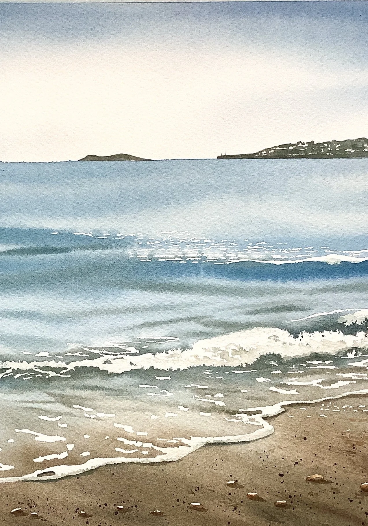 Watercolour seascape of Ballycotton Bay, vertical section of painting showing sea with waves and distant village and islands