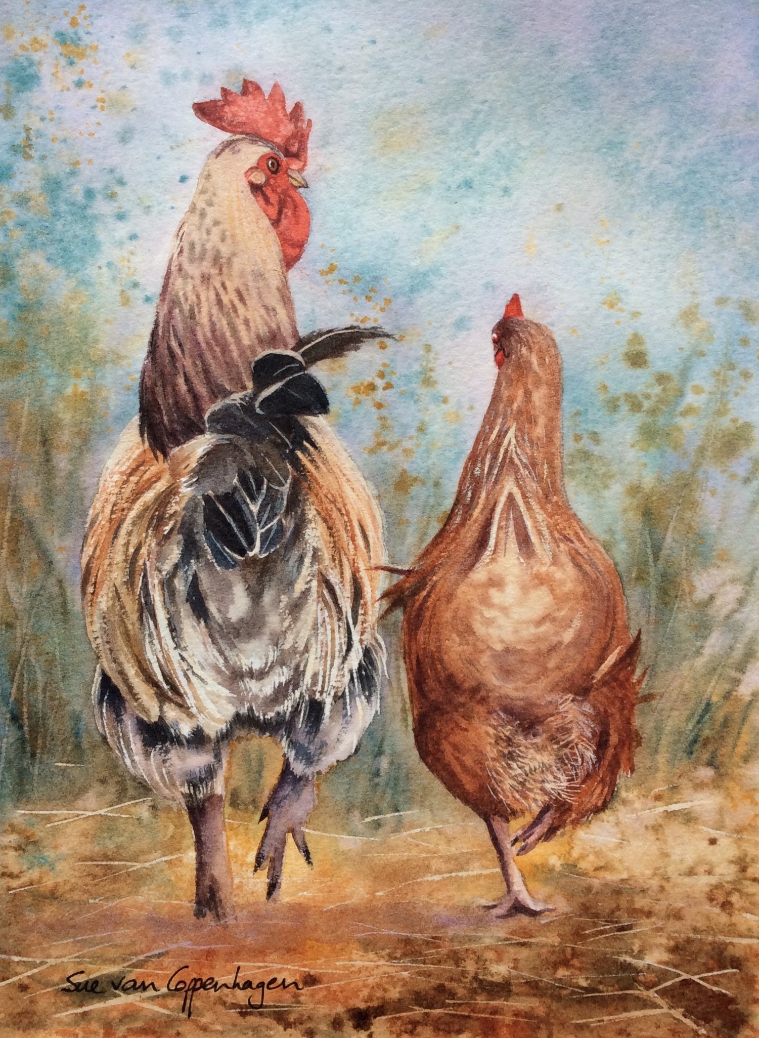 Painting of a bantam cockerel and hen stepping out together