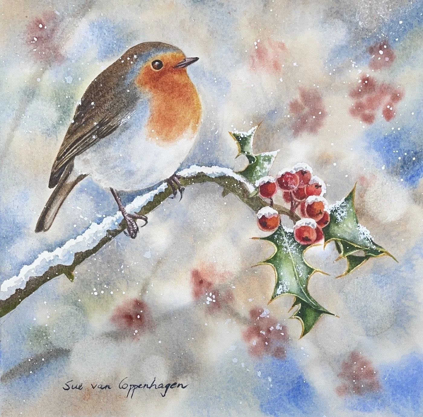 Watercolour painting of a European robin bird on a snow covered holly branch with red berries
