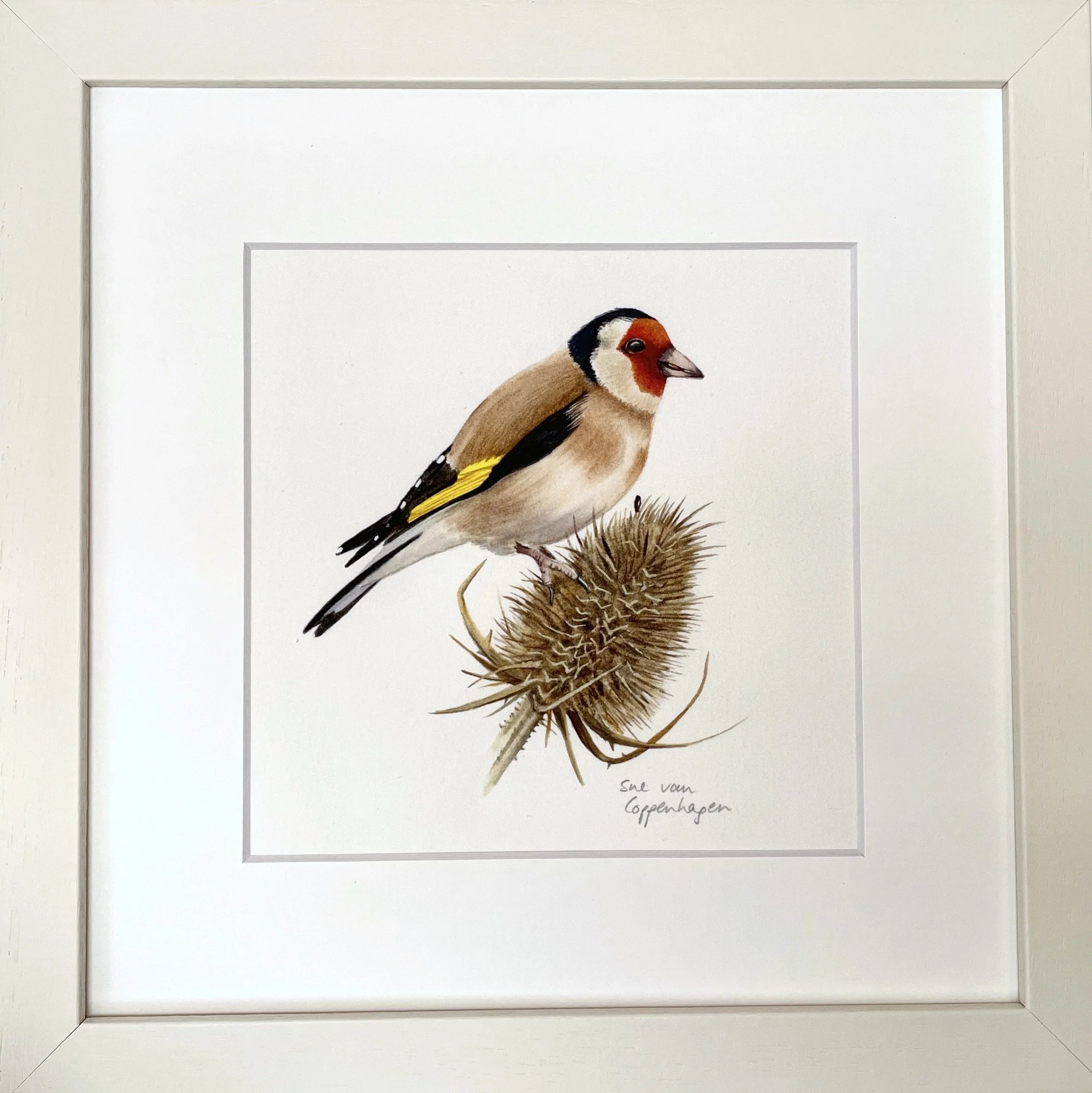 Print of a European goldfinch bird painting in a limed wooden frame