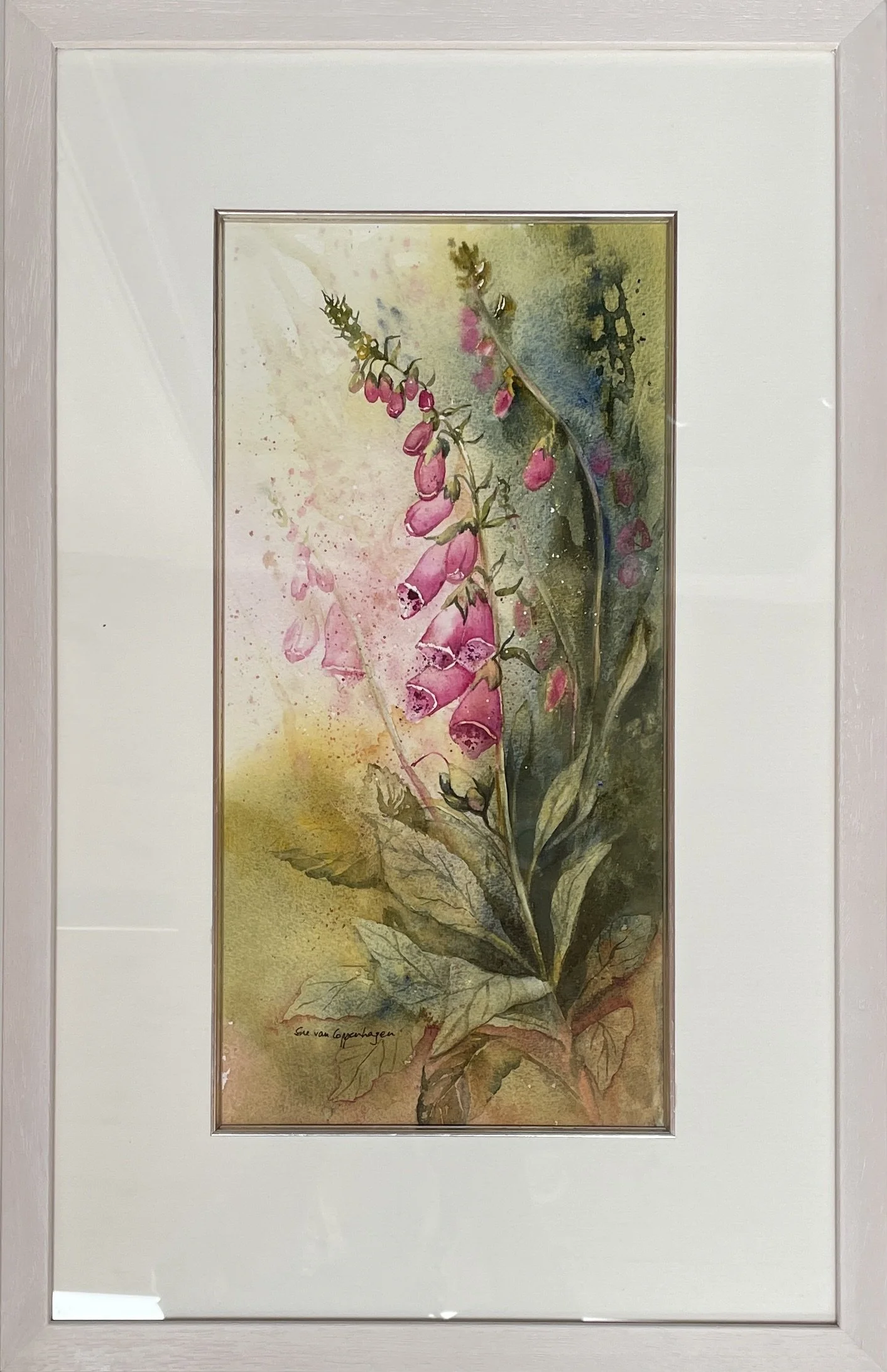 Framed painting of a magenta foxglove with a warm green background