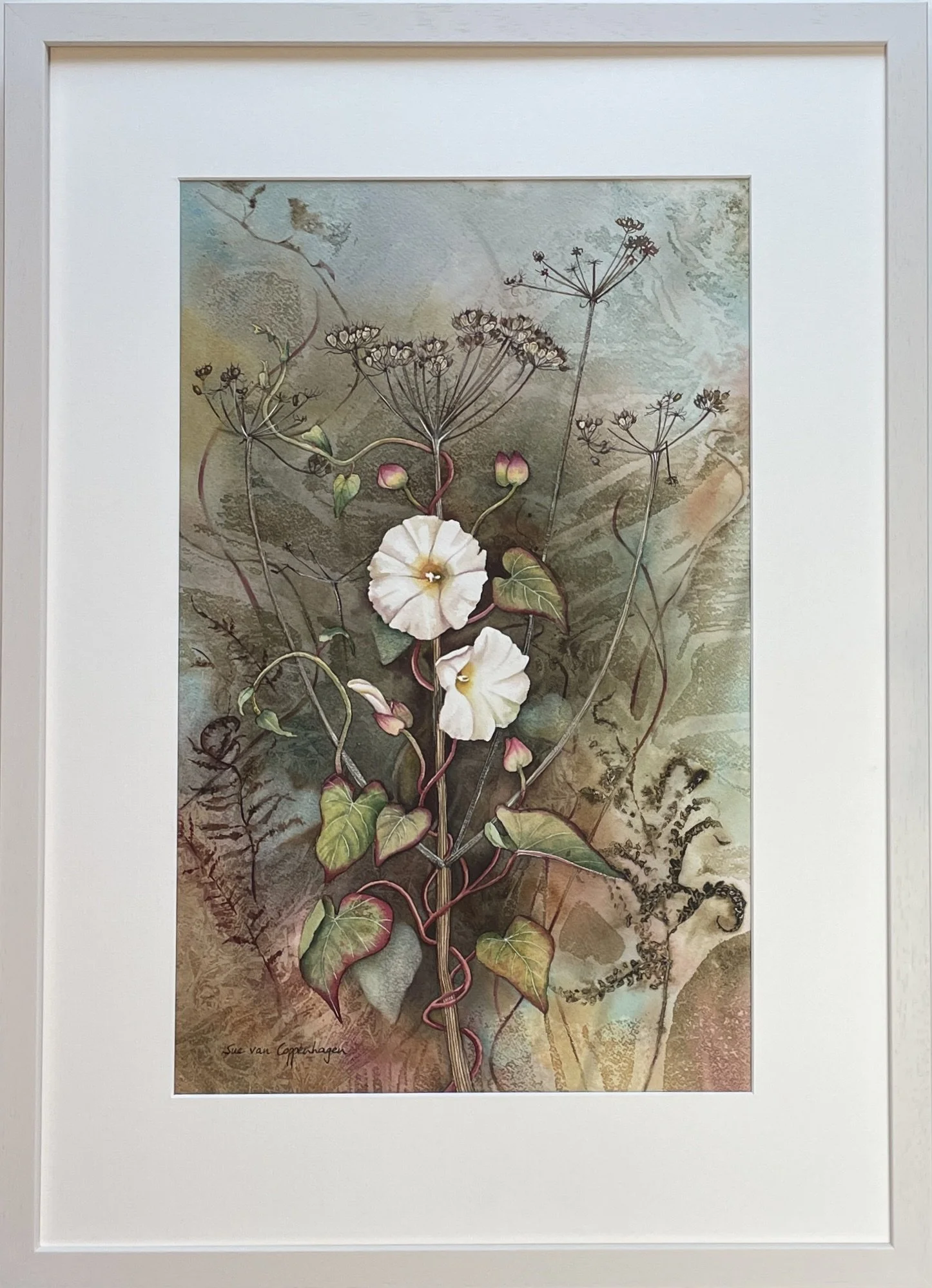 Painting in a pale wooden frame of white flowers twining around dried stems against a brown and turquoise background