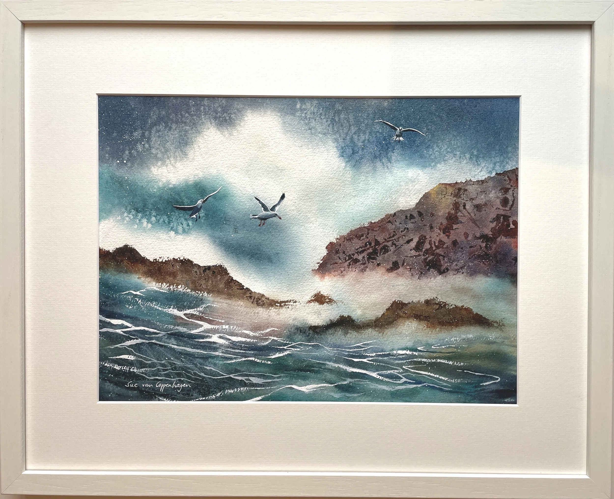 Framed seascape painting with dramatic spray, rocks and gulls