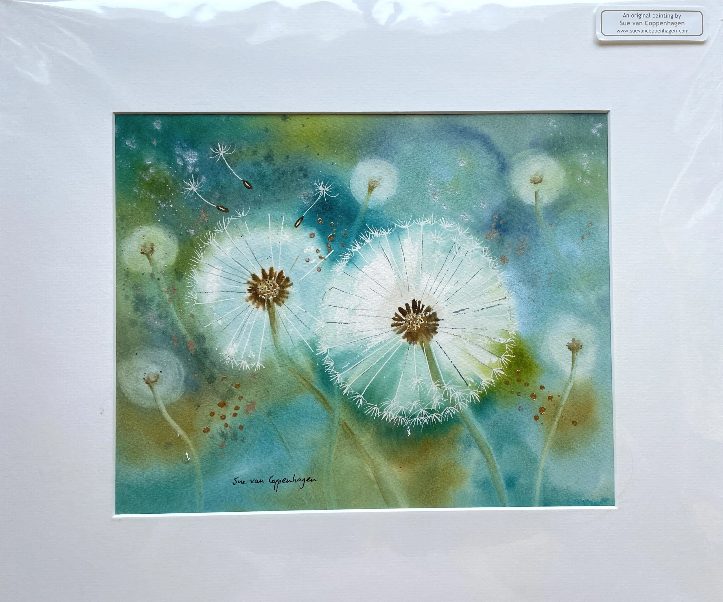 Painting of soft dandelion clocks with a semi abstract background of gold and turquoise