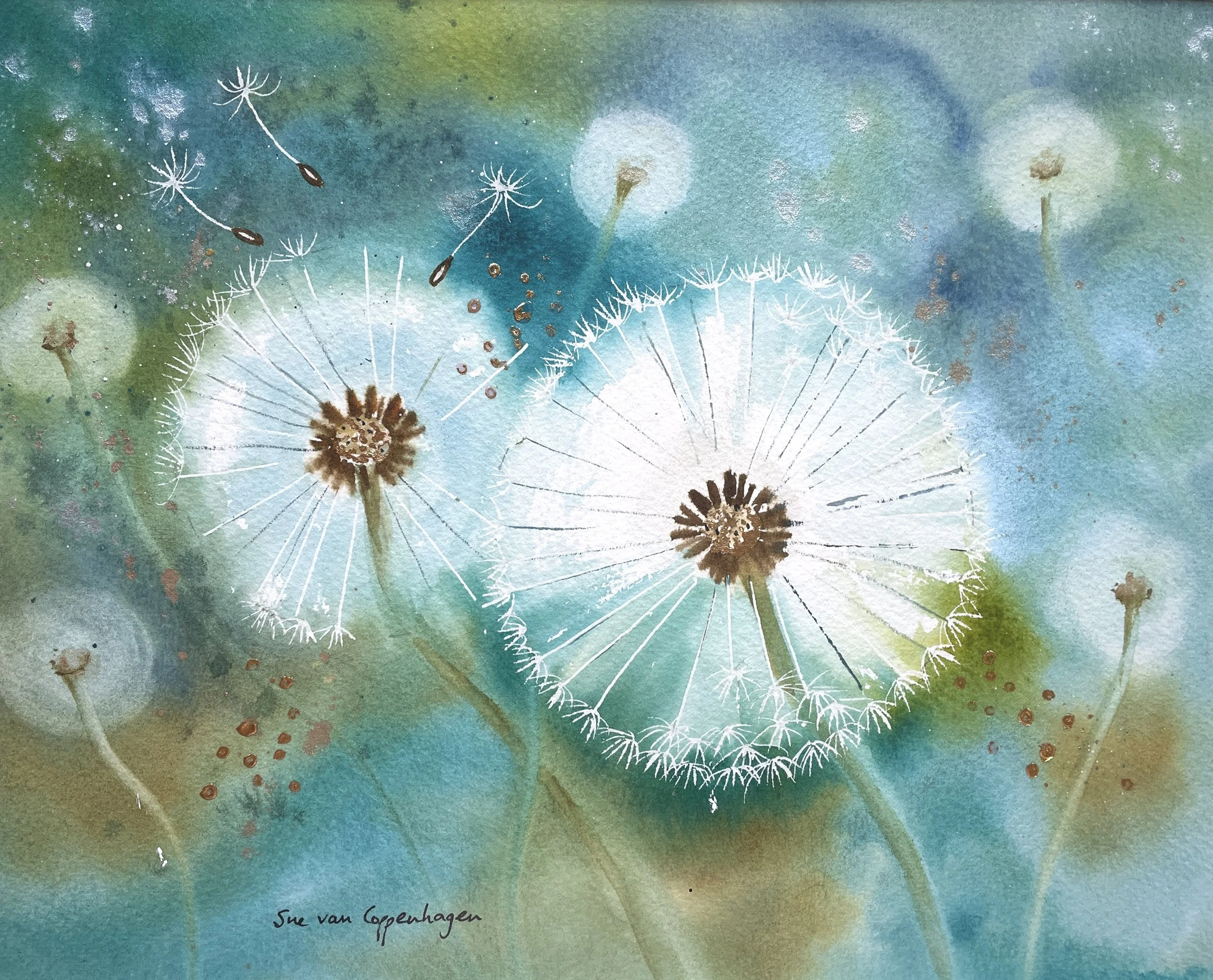 Semi abstract painting of soft dandelions against a turquoise and gold background
