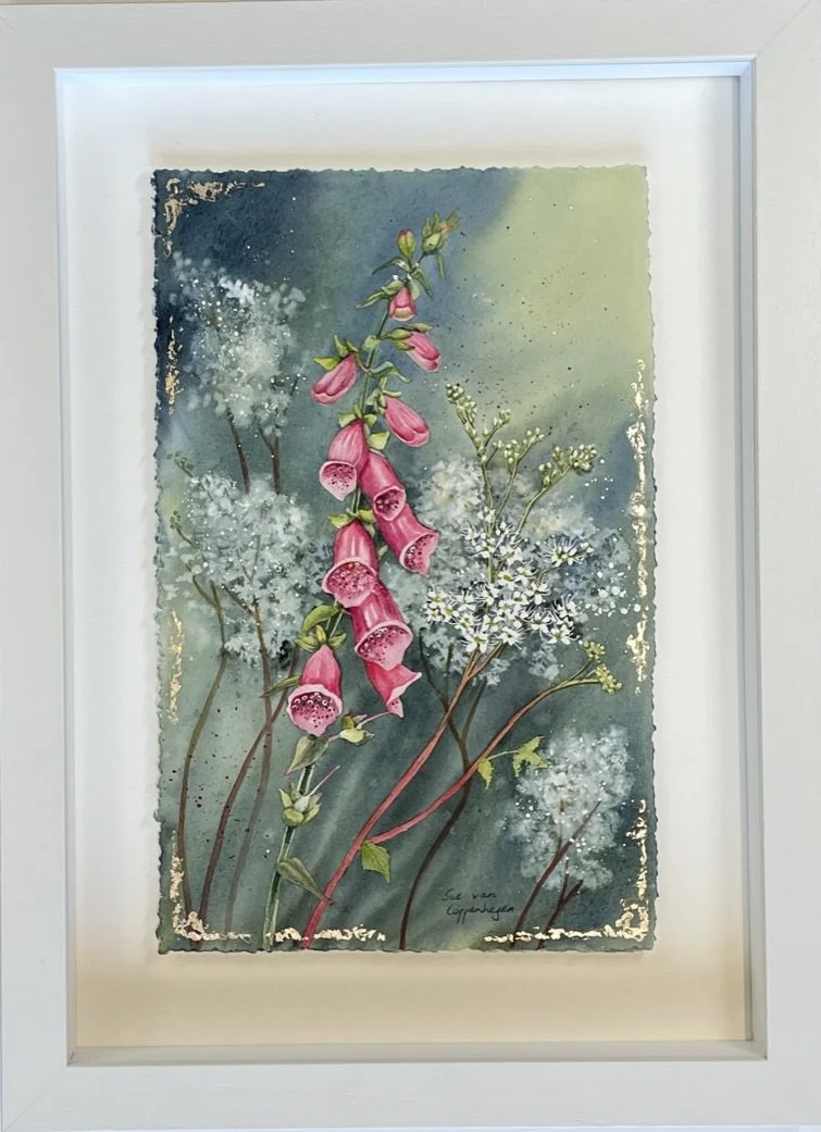 Framed painting of foxglove flowers and white meadowsweet on a green and blue background