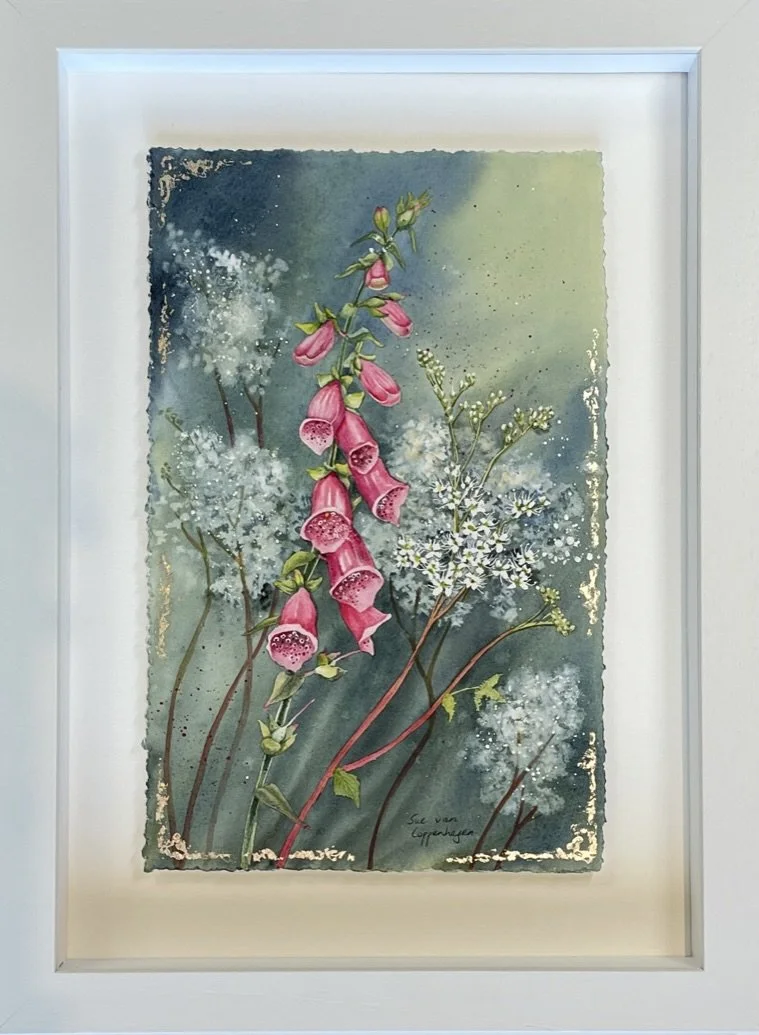Framed painting of foxglove flowers and white meadowsweet on a green and blue background