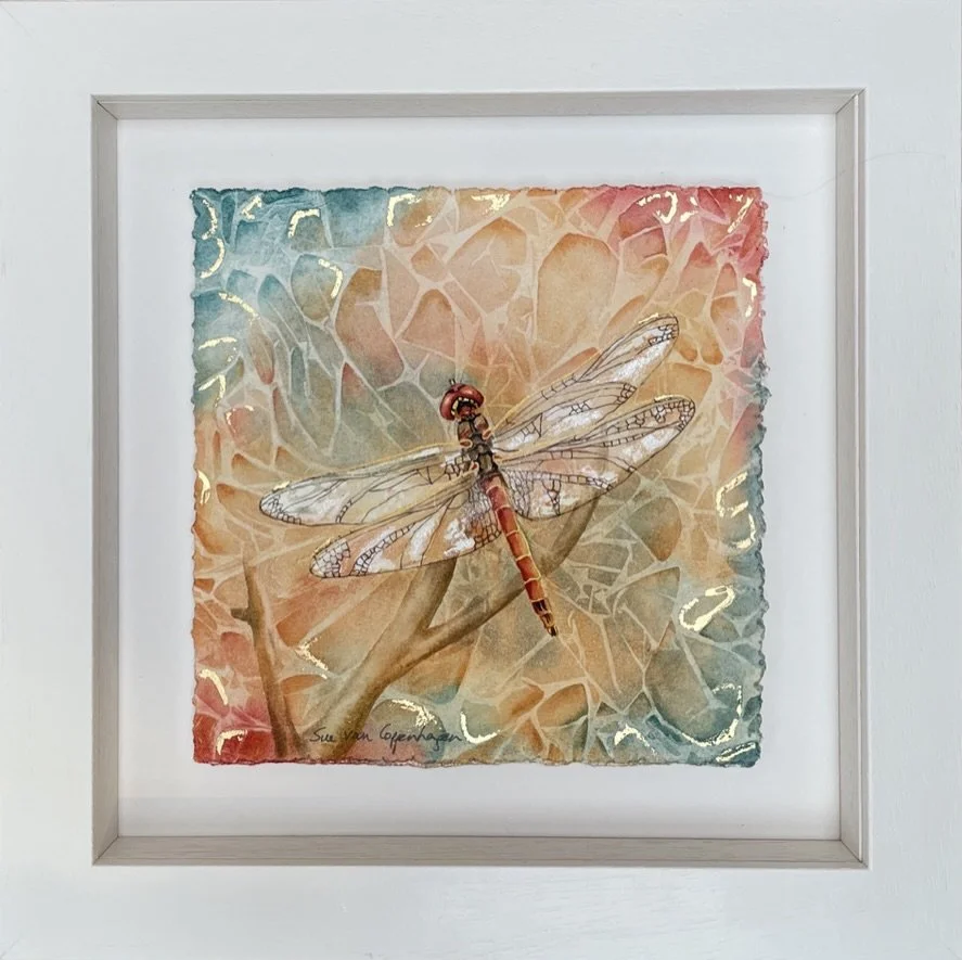 Painting of a red bodied dragonfly with shimmering wings on a semi abstract, colourful background, framed in an off-white wooden frame.