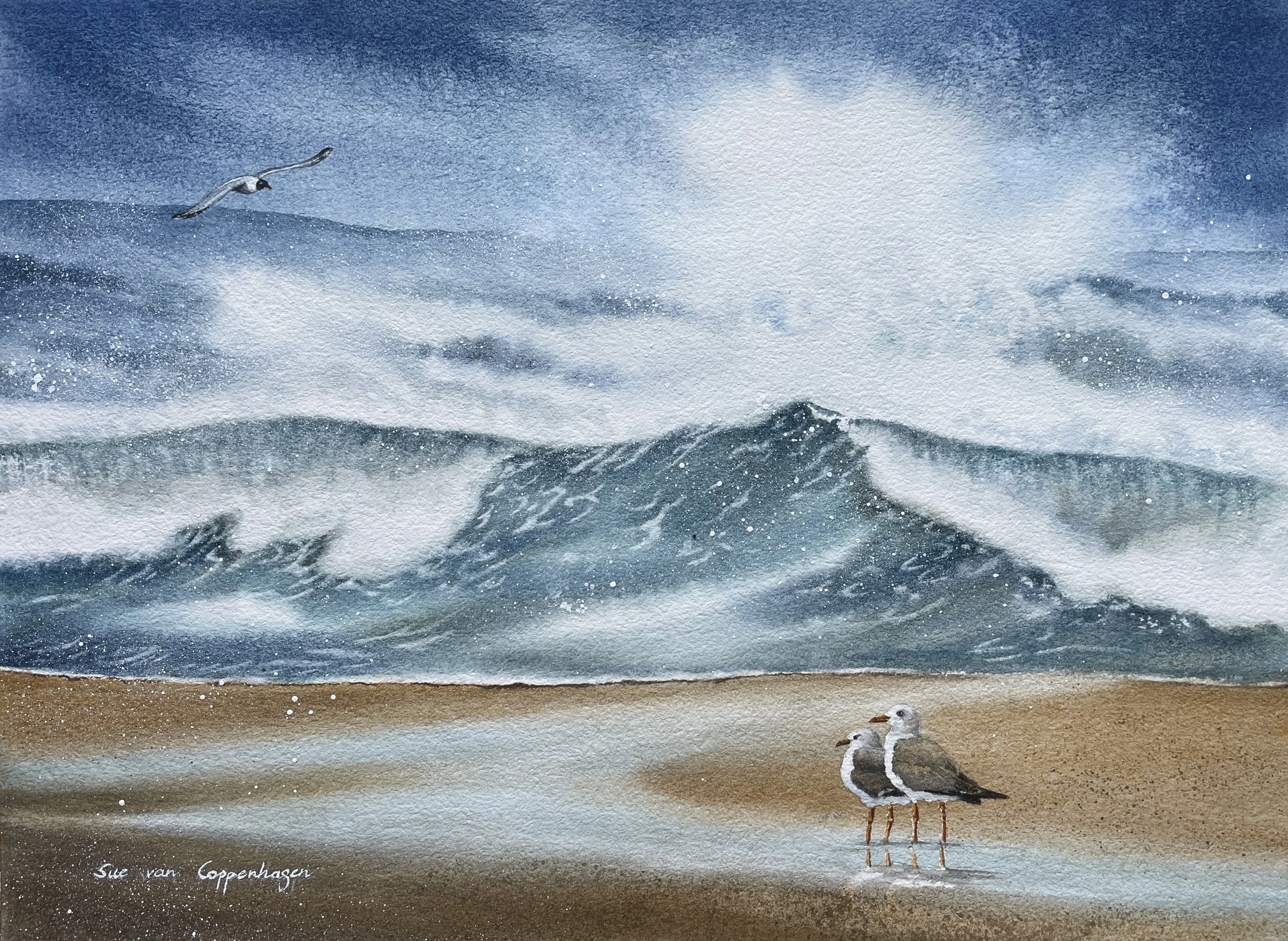 A seascape painting of spray-topped waves on a blue sea, with warm sand in front, and two gulls