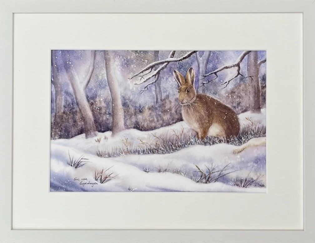 A painting of a brown hare in a woodland blanketed in snow, framed in a pale cream coloured frame