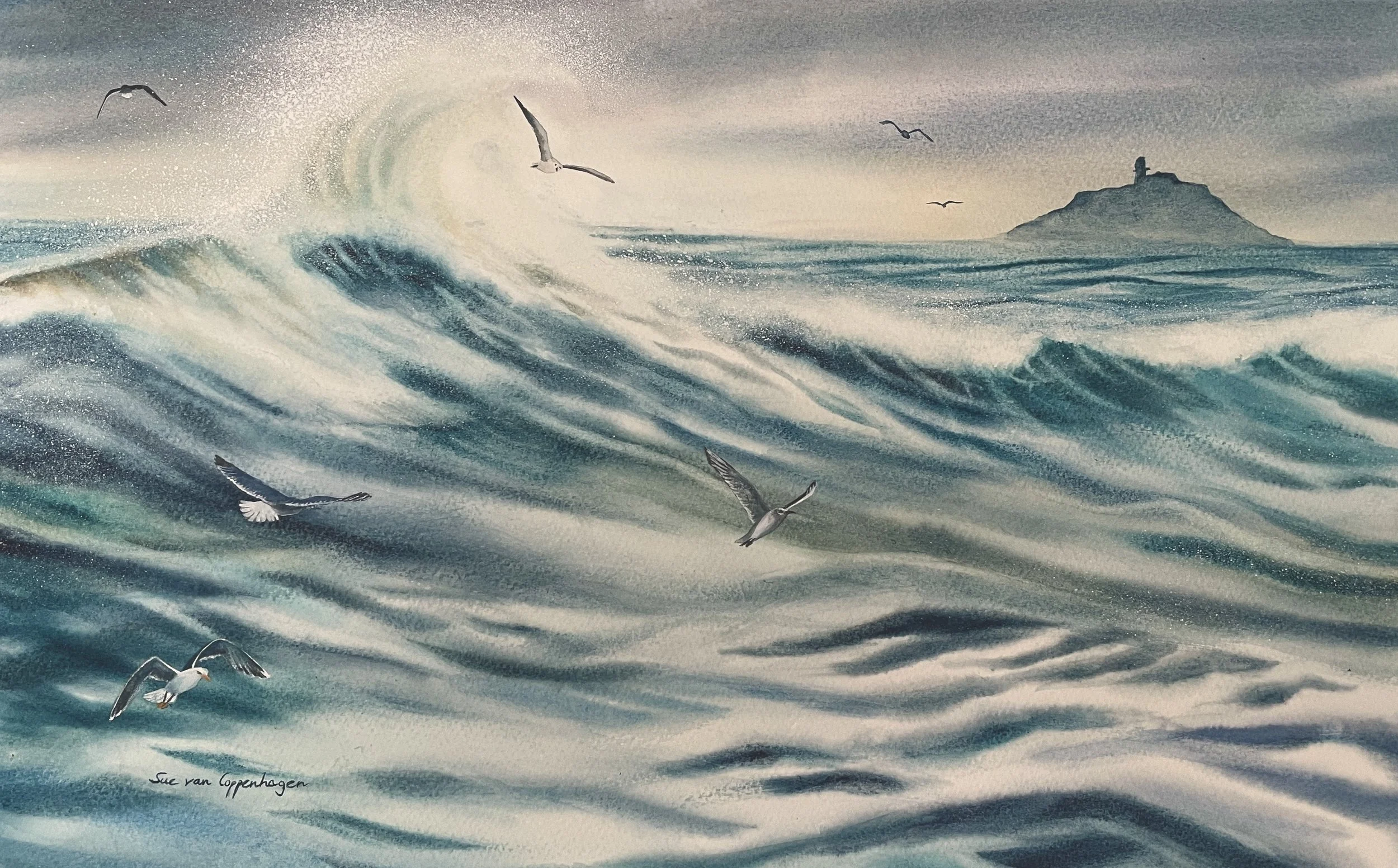 Watercolour painting in shades of blues and greys showing surging waves and sea spray around Ballycotton island, with five gulls swirling through the air