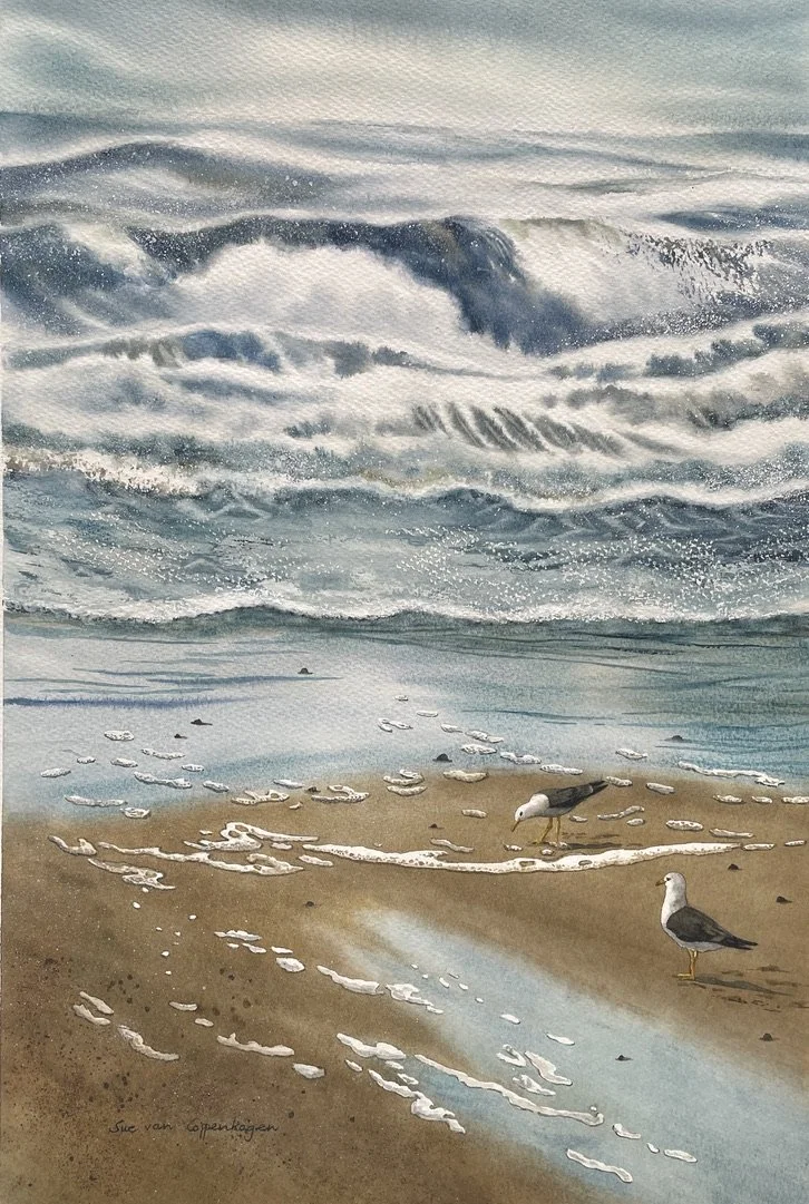 Watercolour painting of ocean waves rolling towards wet sands with foam and two gulls