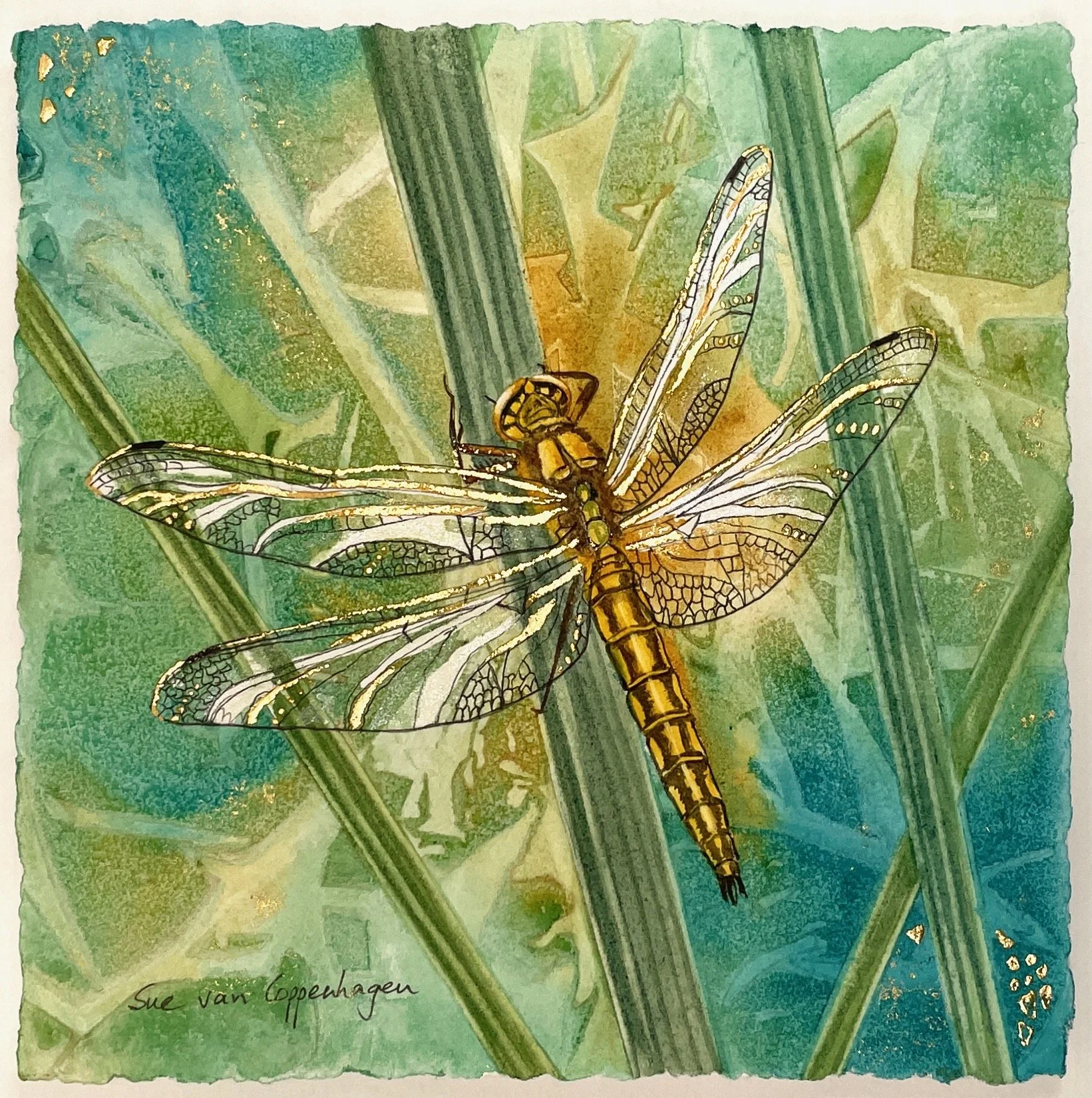 Golden dragonfly painted on an abstract background in turquoise and green, with gold leaf