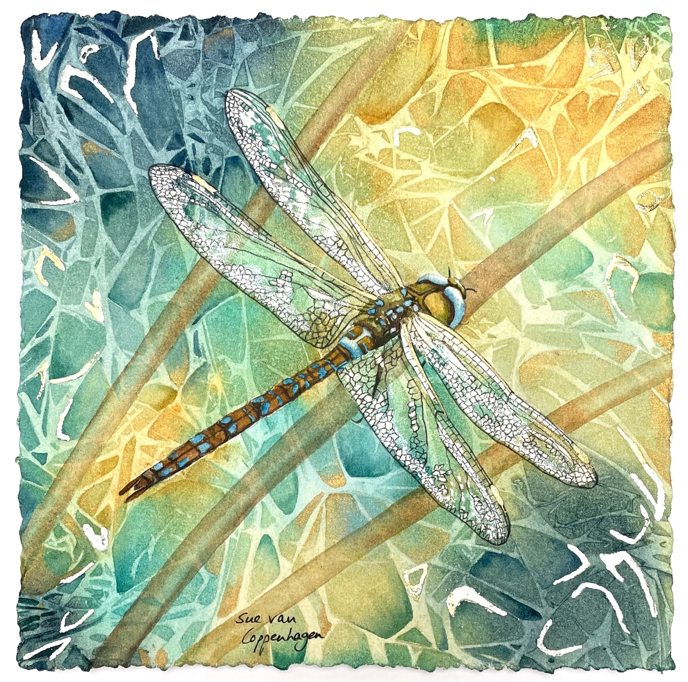 Painting of a shimmering dragonfly with pearly wings and gold leaf on a blue, gold and green background