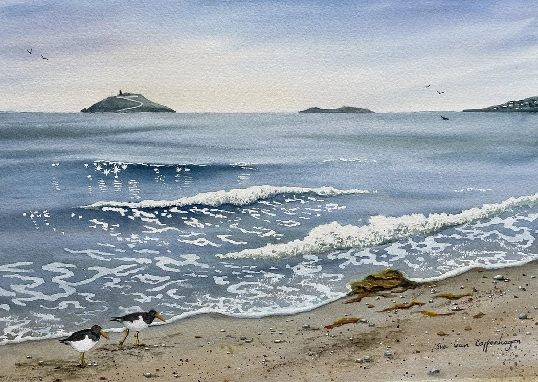 Seascape painting of gentle waves lapping on a beach with two oystercatcher birds, and Ballycotton Island visible on the horizon