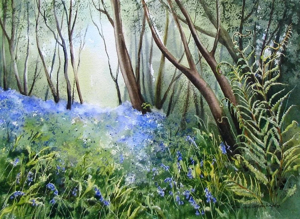 Painting of trees and ferns in a forest, and a carpet of bluebell flowers