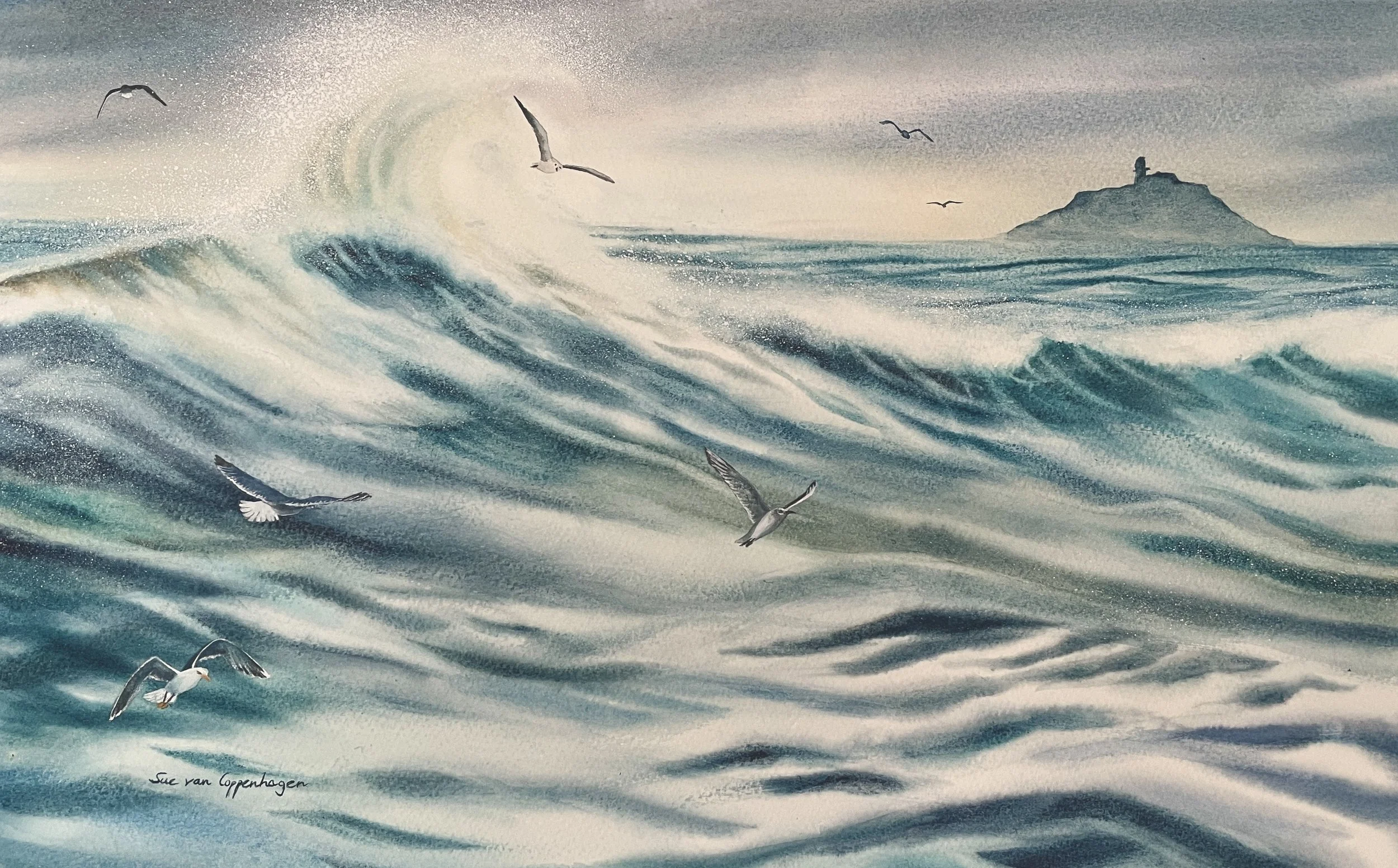 Painting of surging waves and swooping gulls in front of Ballycotton island