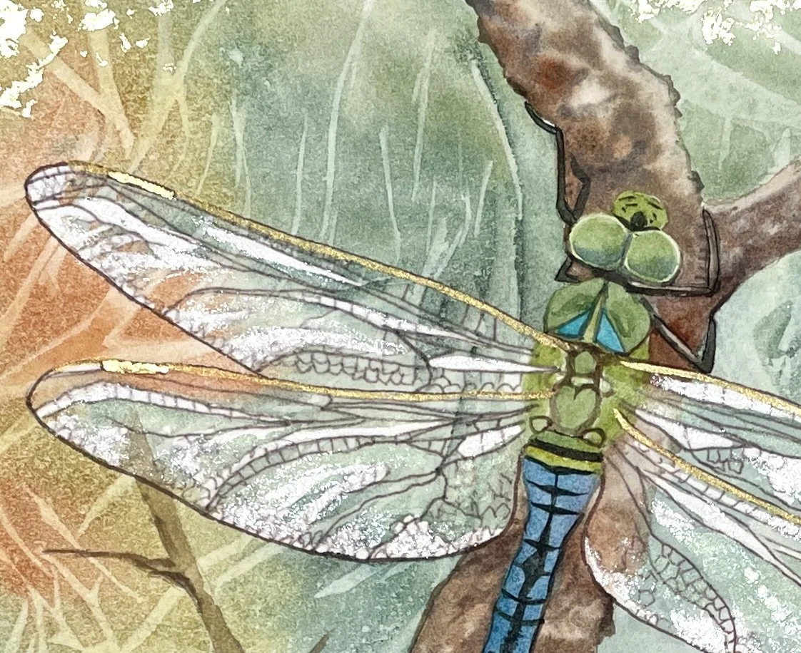 Detail of a painting of a dragonfly to show the iridescence on the wings and the green and gold patterns in the background