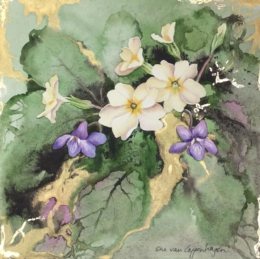 Painting of primrose and violet flowers with abstract flows of gold running through the leaves