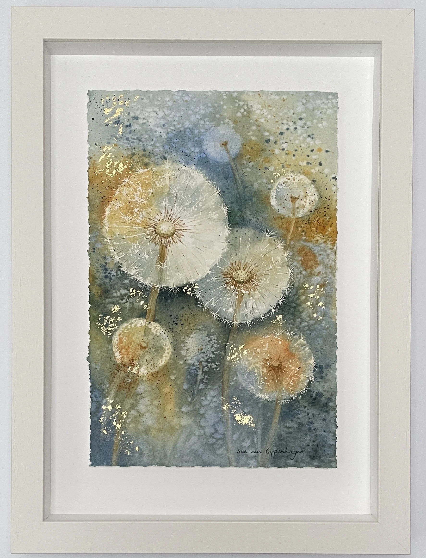 Framed painting of seven dandelion clocks on a textured background in shades of blues and golds