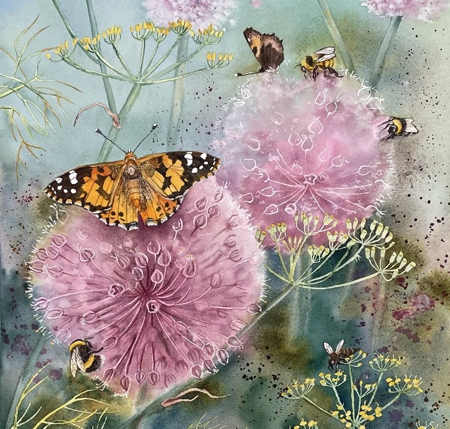Detail of painting of a painted lady butterfly on a pink leek flower