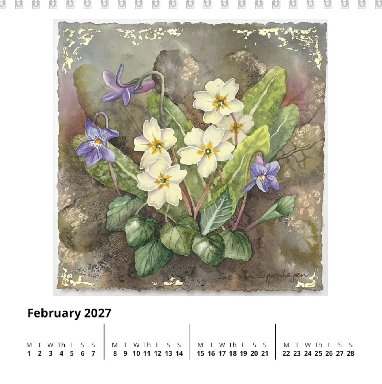 February page of a square standing calendar, with dates below a painting of primrose and violet flowers on a dark background with touches of gold