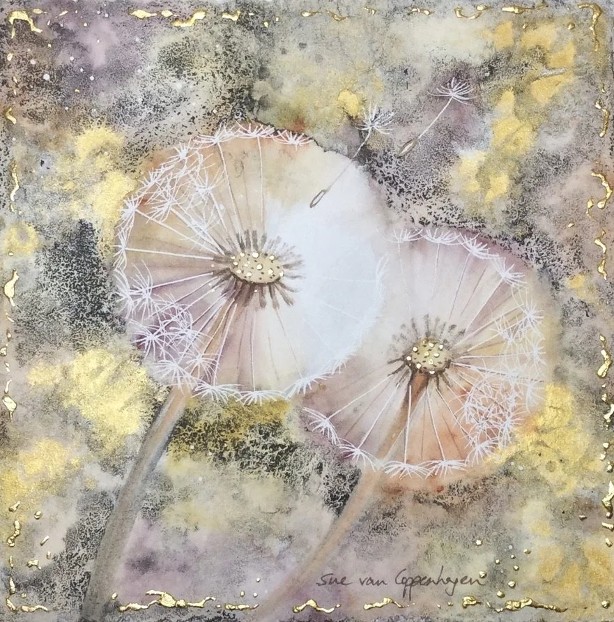 Painting of two dandelion clocks on an abstract background with touches of gold leaf