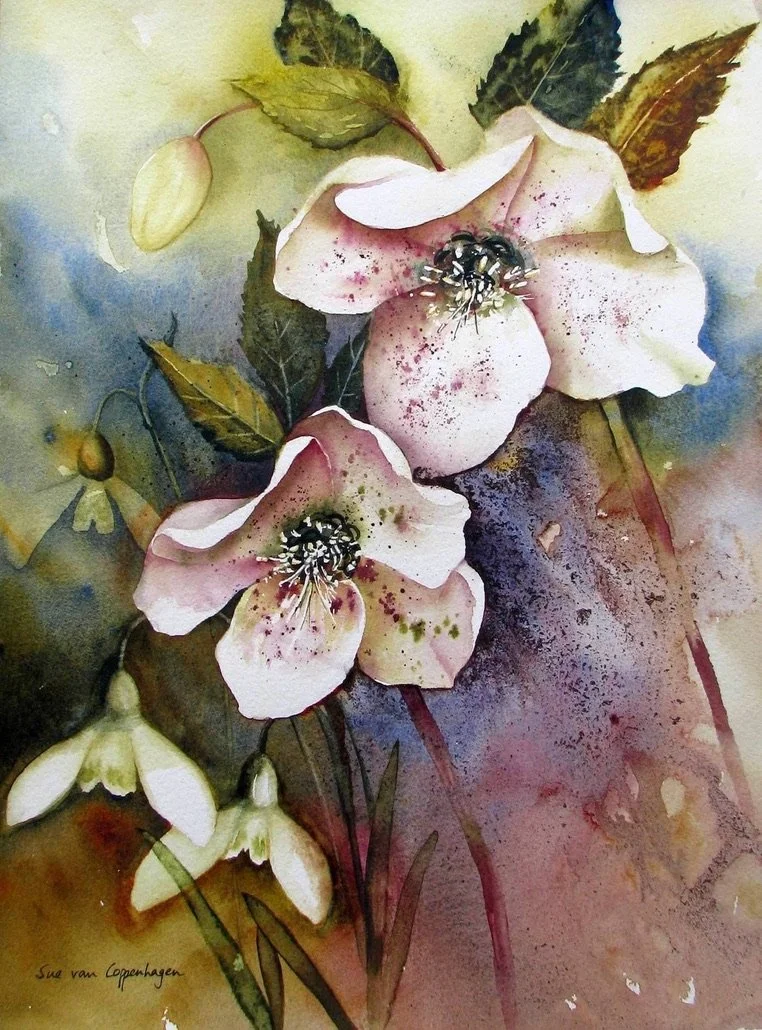 Painting of two pale hellebore flowers and two snowdrops on a gold and burgundy coloured background