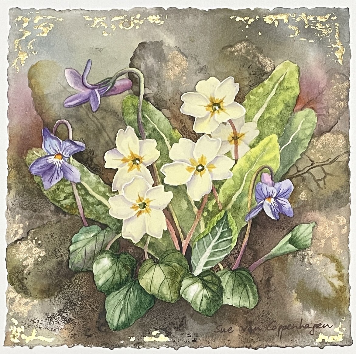 Painting of five yellow primrose flowers and three violets with leaves on a semi-abstract background in greys, browns, pinks and greys, edged with touches of gold leaf
