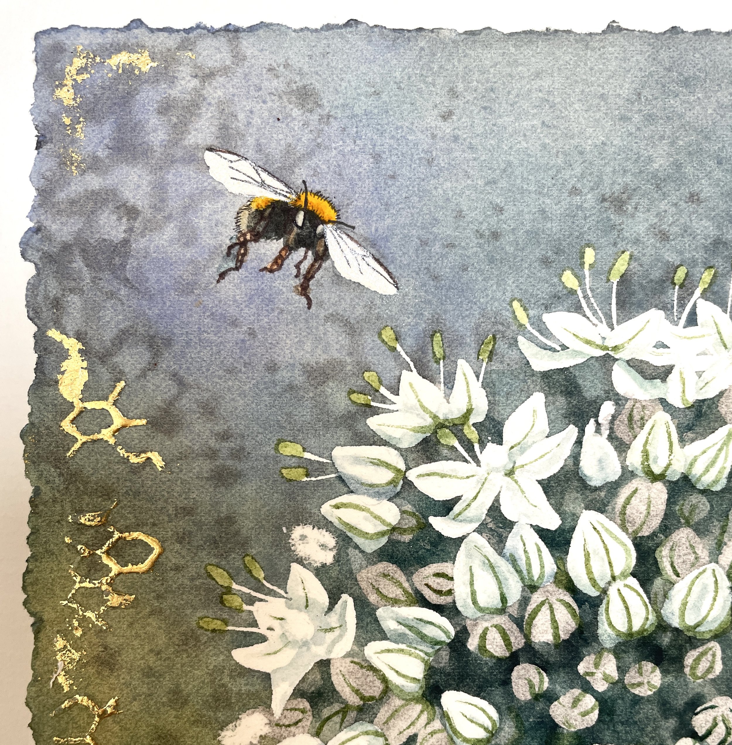 Detail of a painting showing a flying bumble bee above a white allium flower, and patterns of honeycomb cells in gold leaf