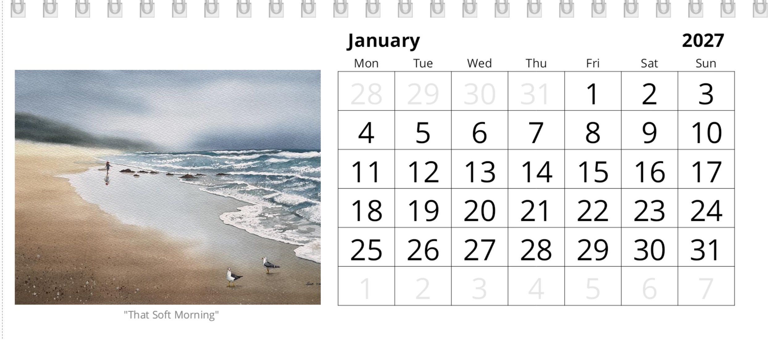 Calendar page for January with a painting of a misty seascape
