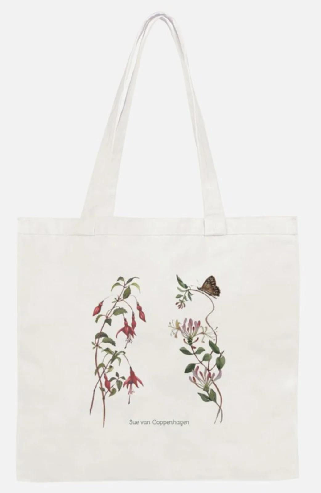 White cotton canvas tote bag with a design of fuchsia flowers and a spray of honeysuckle with a butterfly