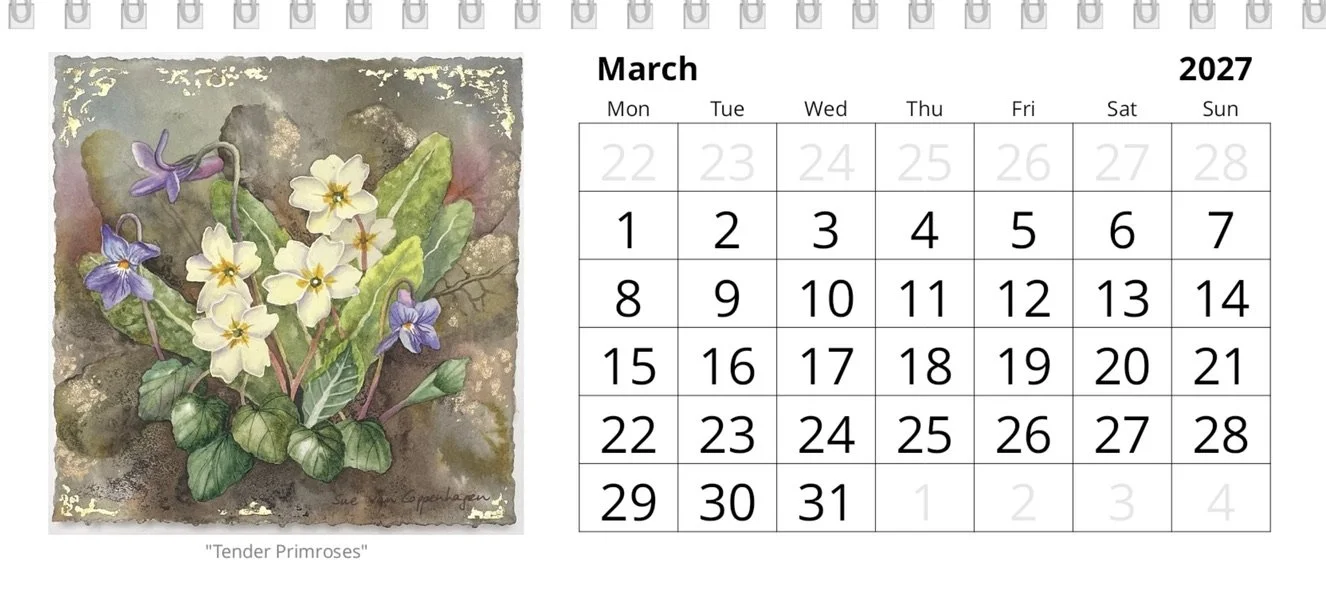 March calendar page with a square painting of primrose and violet flowers against a dark, multicoloured background with touches of gold