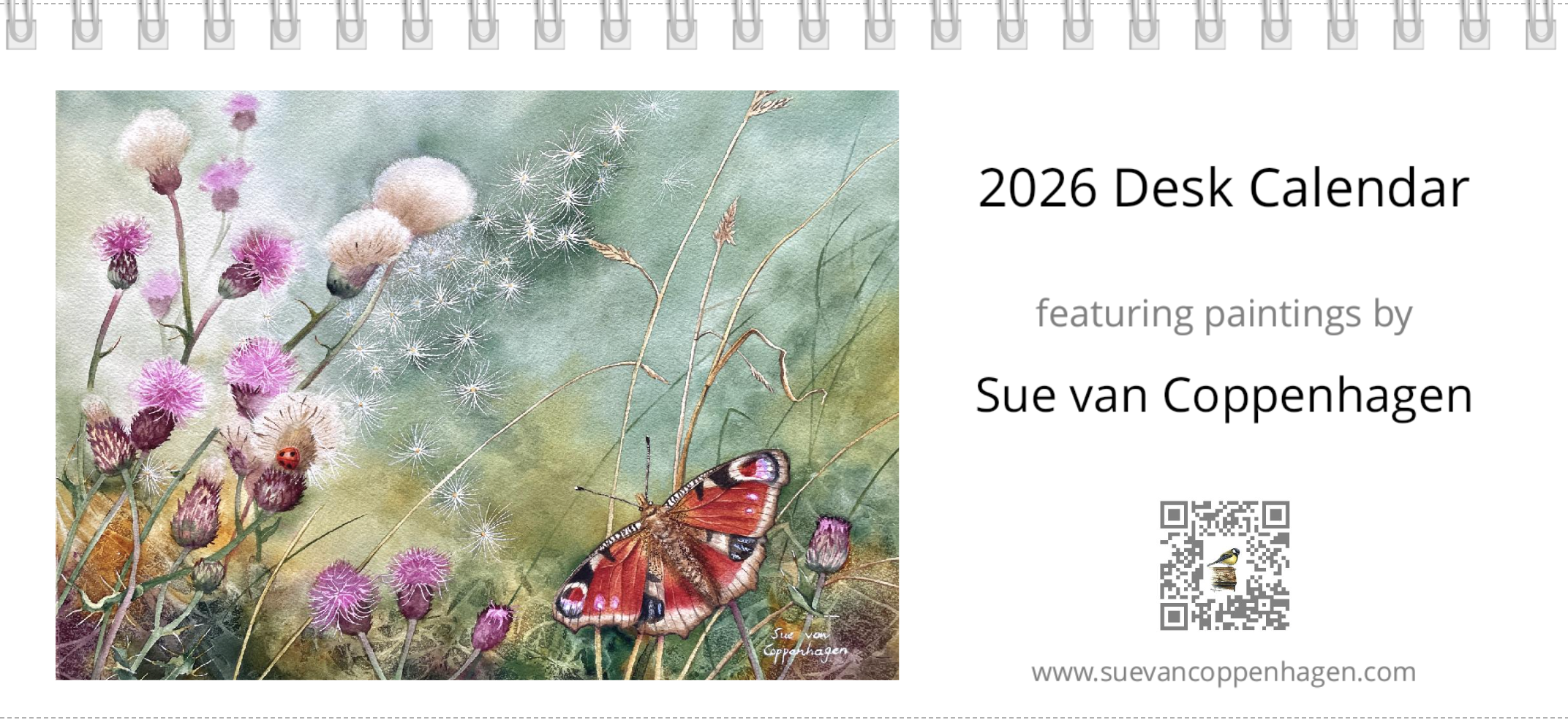 Front cover of calendar with a painting of a peacock butterfly on creeping thistles