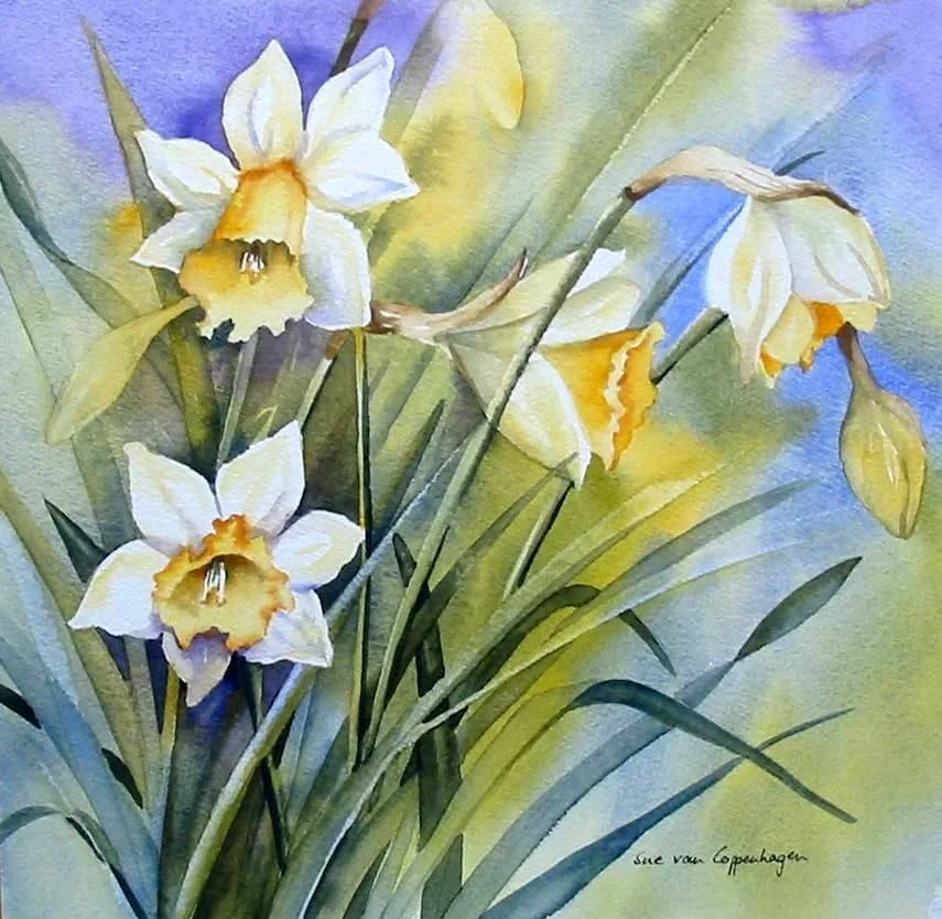 Painting of yellow daffodils with leaves against a lavender blue background