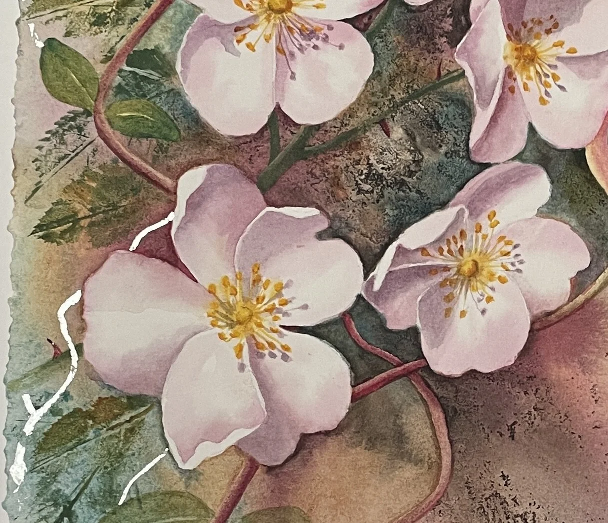 Detail of a painting showing pink dog roses