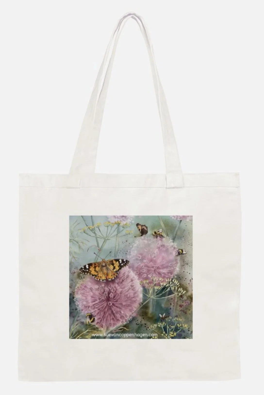 Design of pink leek flowers with bees and a Painted Lady butterfly on a white cotton tote bag